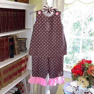 Girls Boutique Pink Polka Dot Monogram J Ruffle Pants Set With Custom Bow